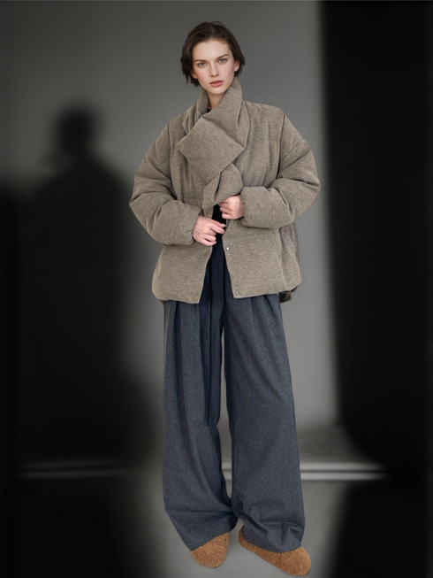Women’s Ultra-Light Wool Yak Blend Down Jacket | 90% White Duck Down Warm Puffer Coat with Scarf Design