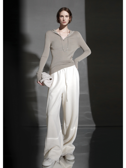 Wool Blend Drawstring Wide-Leg Pants – Color Block Casual Trousers for Women, Trendy Relaxed Fit Banana Pants for Autumn/Winter