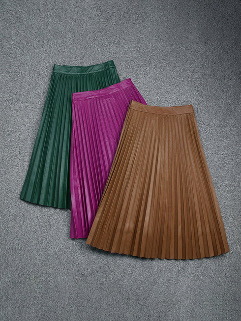 Women's Elegant Vintage High-Waisted Lambskin Leather Pleated Midi Skirt – Luxury Genuine Leather Skirt