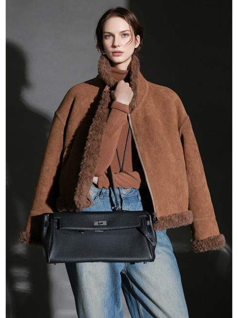Vintage Suede Faux Shearling Jacket for Women – Short Stand Collar Plush Coat with Strap Detail, Thick Warm Winter Outerwear
