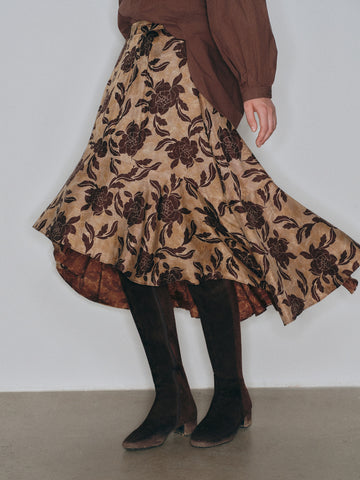 Vintage Film-Inspired 'Coffee Blossom' Cupro & Rayon Blend Matte Finish Asymmetrical Hem Midi Skirt