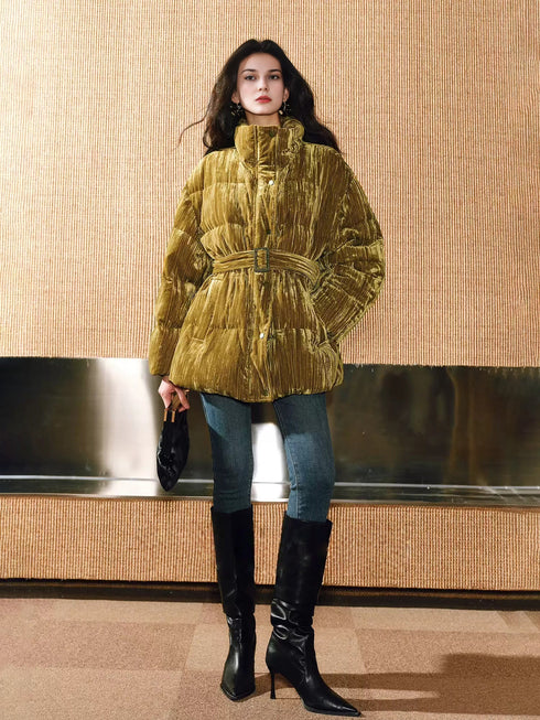 Ripple-Pattern Crinkled Velvet Down Coat for Women – High-Warmth 90% White Duck Down Stand-Collar Belted Puffer Jacket