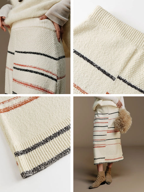 Lazy Winter Chunky Knit Colorblock Striped Stretch Midi Skirt