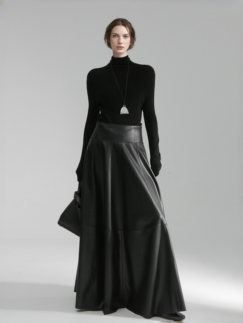 Luxury Black Genuine Sheepskin Midi Skirt – High Waist A-Line Leather Flared Skirt for Women