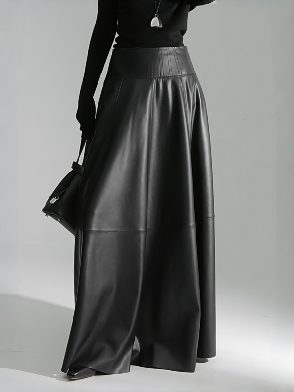 Luxury Black Genuine Sheepskin Midi Skirt – High Waist A-Line Leather Flared Skirt for Women