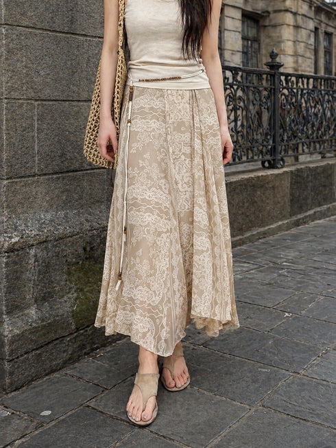 Double-Layer Mulberry Silk Chiffon Crepe Maxi Skirt – Lace Print Flowing A-Line Silk Skirt