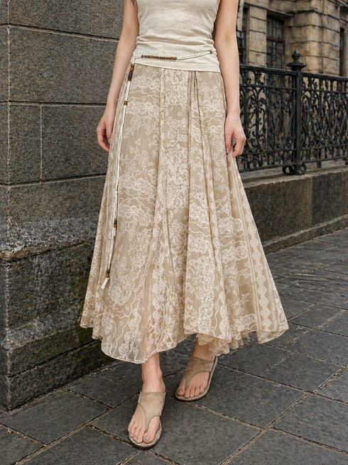 Double-Layer Mulberry Silk Chiffon Crepe Maxi Skirt – Lace Print Flowing A-Line Silk Skirt