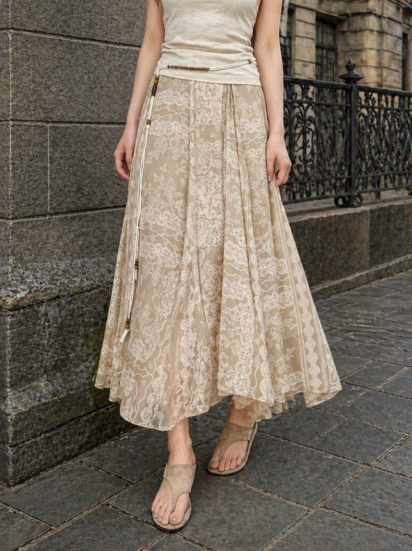 Double-Layer Mulberry Silk Chiffon Crepe Maxi Skirt – Lace Print Flowing A-Line Silk Skirt