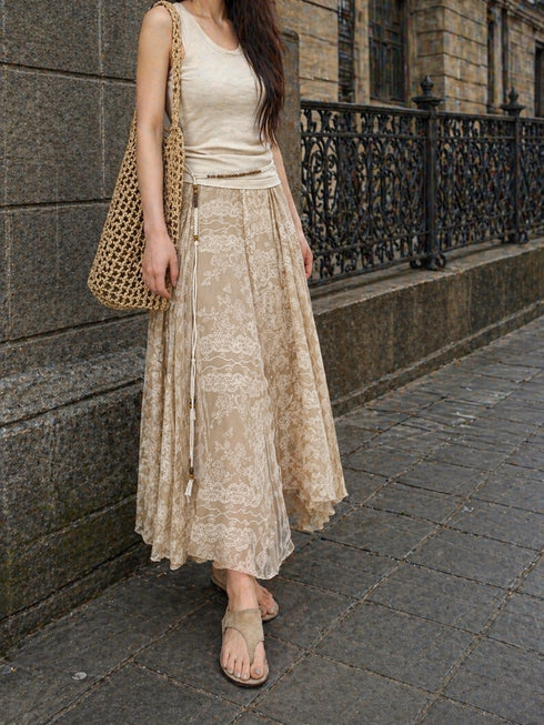 Double-Layer Mulberry Silk Chiffon Crepe Maxi Skirt – Lace Print Flowing A-Line Silk Skirt