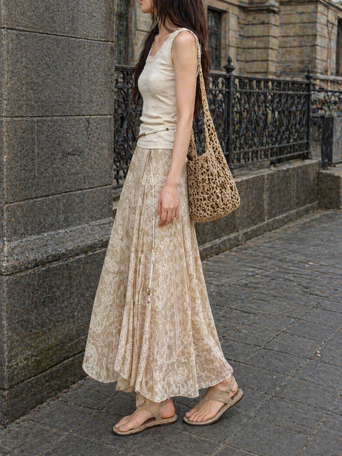 Double-Layer Mulberry Silk Chiffon Crepe Maxi Skirt – Lace Print Flowing A-Line Silk Skirt