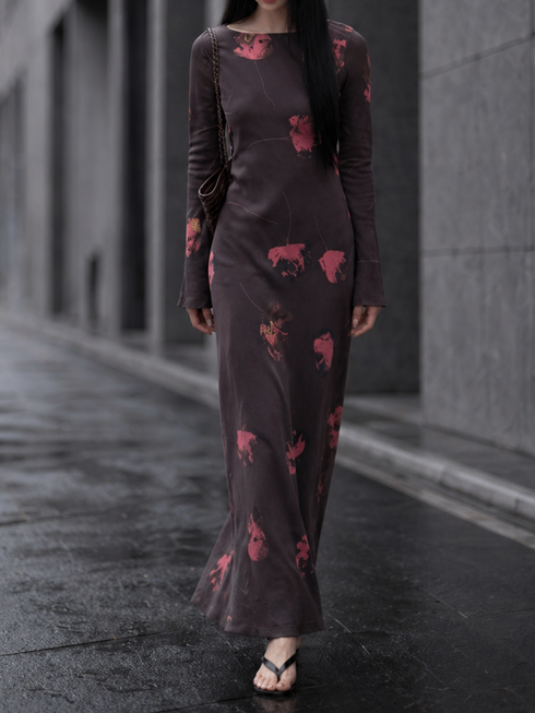 100% Mulberry Silk Bias-Cut Crepe de Chine Maxi Dress – Vacation Floral Long Sleeve Silk Dress