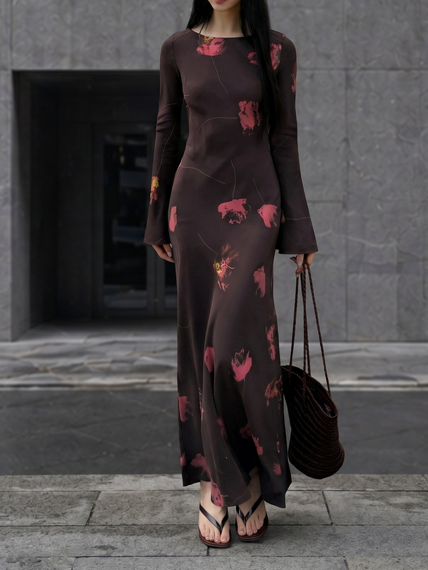 100% Mulberry Silk Bias-Cut Crepe de Chine Maxi Dress – Vacation Floral Long Sleeve Silk Dress