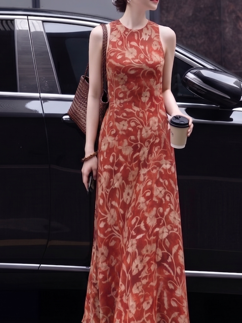 100% Mulberry Silk 16 Momme Double Crepe Bias-Cut Vintage Floral Maxi Dress