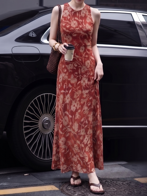 100% Mulberry Silk 16 Momme Double Crepe Bias-Cut Vintage Floral Maxi Dress