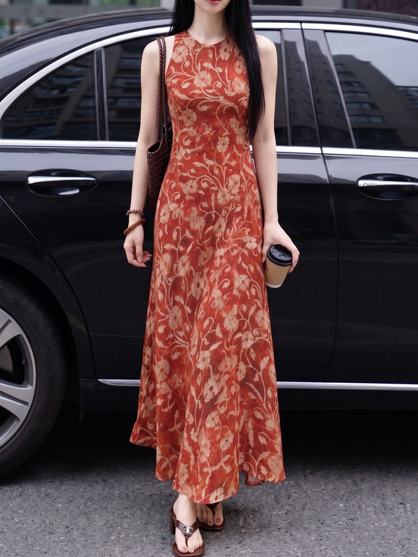 100% Mulberry Silk 16 Momme Double Crepe Bias-Cut Vintage Floral Maxi Dress