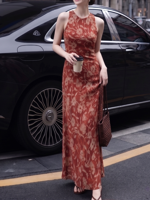 100% Mulberry Silk 16 Momme Double Crepe Bias-Cut Vintage Floral Maxi Dress