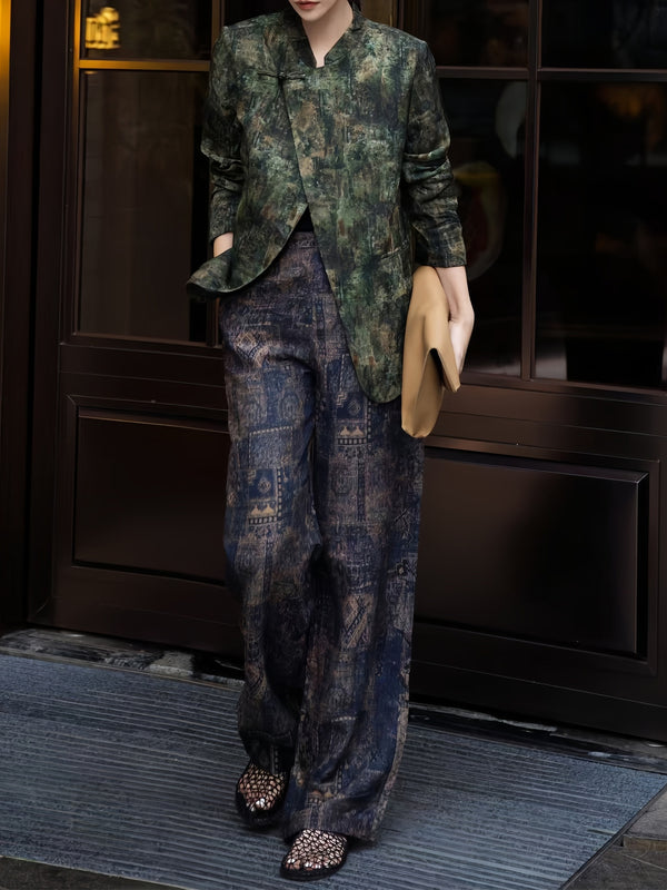 Vintage Floral Silk Hualuo Fabric Two-Piece Set for Women – Elegant Autumn Top & Wide-Leg Pants, High-End Luxe Style