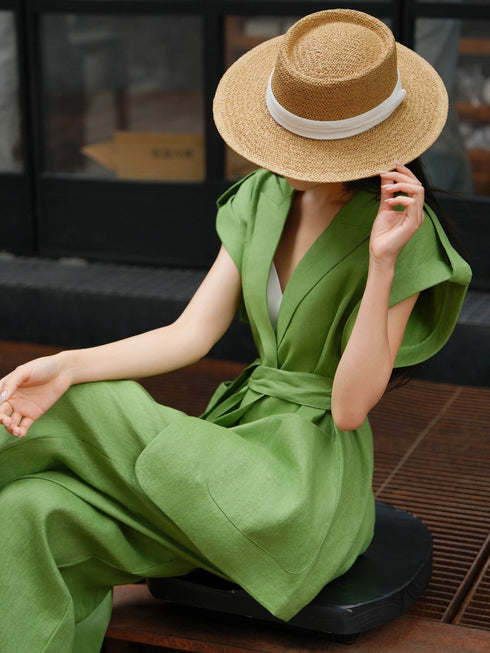 100% Linen Belted Vest & Wide-Leg Pants Set – Relaxed Tailored Summer Suit