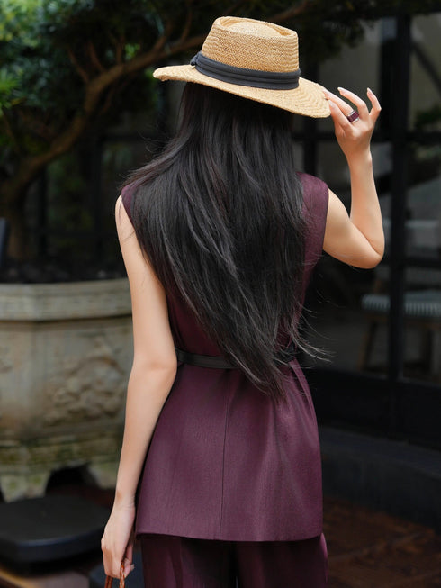 Minimalist Sleeveless V-Neck Tailored Vest & Wide-Leg Pants Set – Elegant Summer Belted Suit