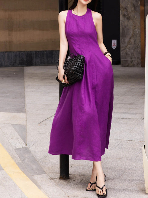 French Waist‑Defined Linen Midi Dress – Sleeveless A‑Line Summer Dress for Petite Women