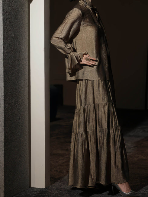 Elegant Tie-Neck Petal Sleeve Blouse & Flowing A-Line Maxi Skirt Set – Luxury Acetate Two‑Piece Ensemble