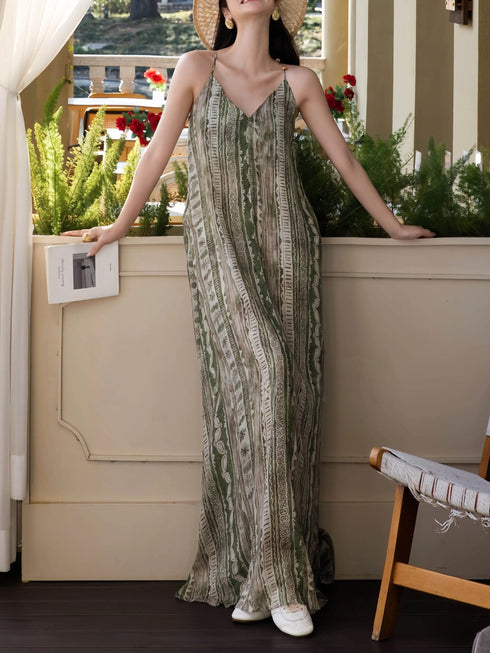 Tencel Linen Printed Slip Maxi Dress – Relaxed Bohemian Contrast-Pattern Spaghetti Strap Dress