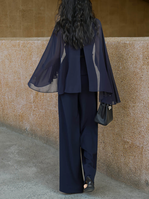Designer Cape-Sleeve Sheer Panel Top & Wide-Leg Pants Set – Elegant Office Two‑Piece Suit