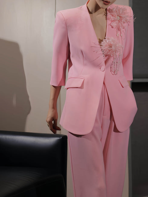 French Elegant Collarless Blazer & Wide-Leg Pants Set – Pearl Floral Embellished Tailored Three‑Piece Suit