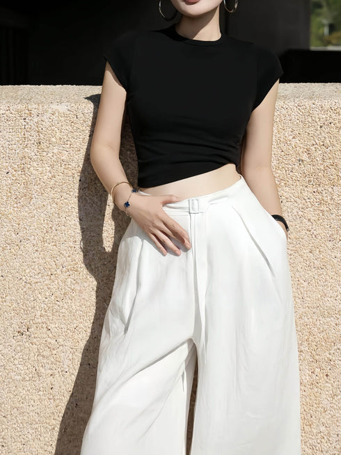 High-Waisted Linen Wide-Leg Trousers – Elegant White Relaxed Tailored Summer Pants