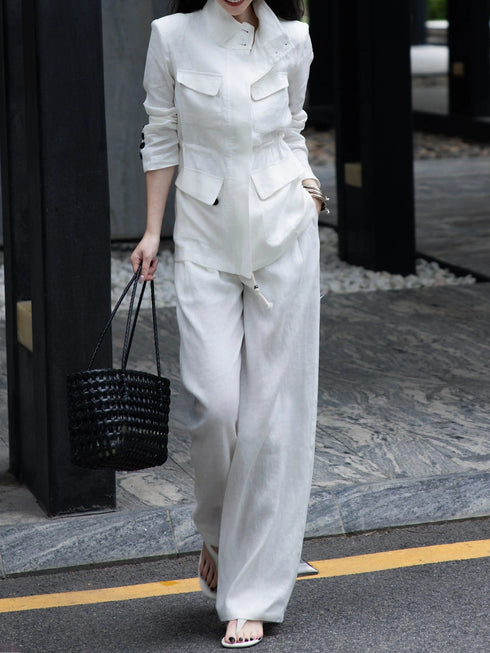 Luxury 100% Linen Utility Jacket & Wide-Leg Pants Set – Quiet Luxury Tailored Workwear Suit