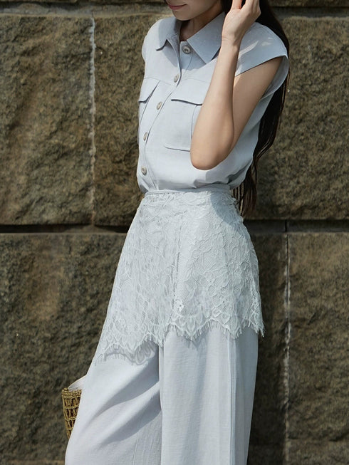 Old Money Relaxed Sleeveless Vest & Lace Overlay High‑Waisted Wide‑Leg Pants Three‑Piece Set