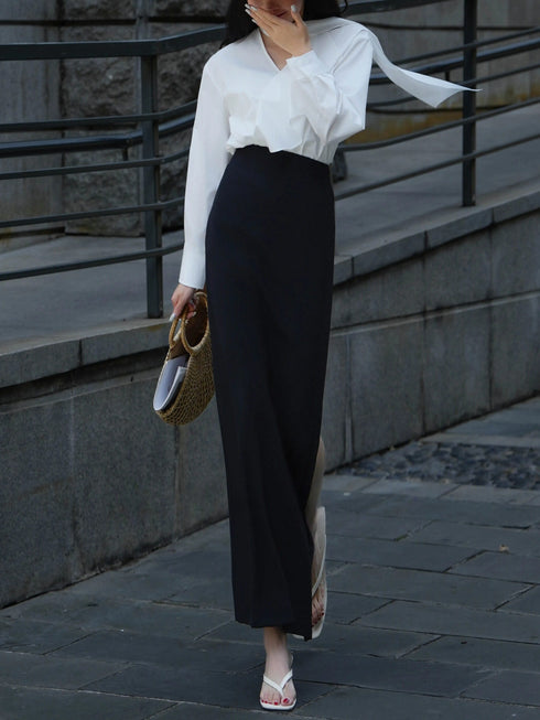 French Lazy-Chic Ruffle V-Neck Blouse – Women’s Summer Tie-Neck Lightweight Sun-Protective Shirt