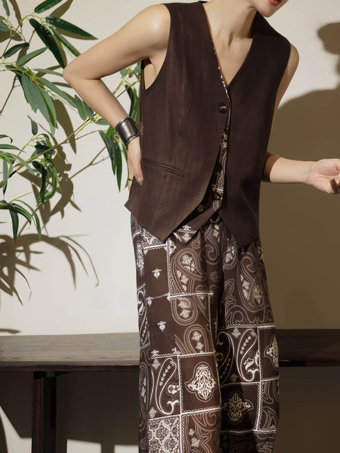 Vintage Paisley Print Wide-Leg Pants & Tailored Vest Set – Elegant Workwear Two-Piece Suit