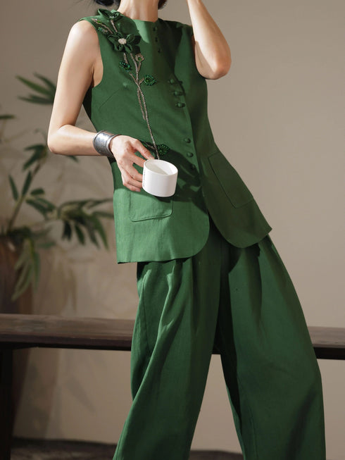 Tencel Linen Embroidered Vest & Wide-Leg Pants Set – Artisan Floral Tailored Summer Ensemble