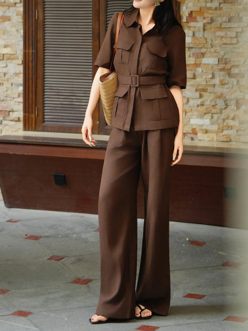 Vintage Linen Belted Shirt & Wide-Leg Pants Set – Elegant Workwear Two‑Piece Suit