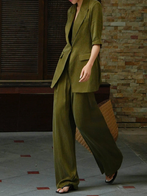 Luxury Cupro Blend Tailored Blazer & Wide-Leg Pants Set – Fluid Draped Office Suit