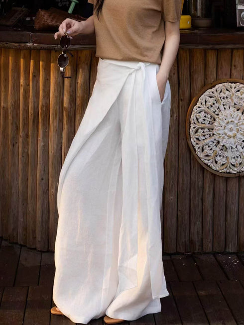 High-Waisted Asymmetric Wrap Linen Wide-Leg Pants – White Draped Resort Trousers
