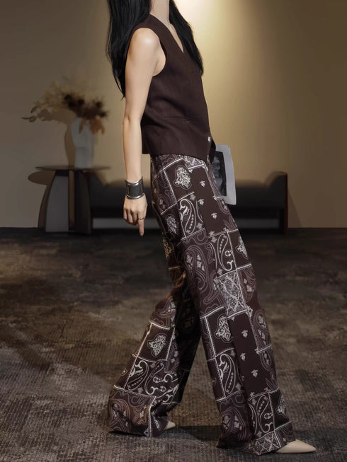 Vintage Paisley Print Wide-Leg Pants & Tailored Vest Set – Elegant Workwear Two-Piece Suit