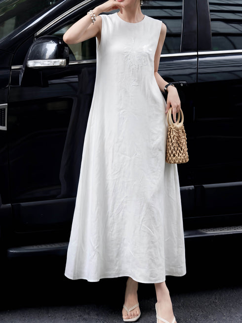 Minimalist Linen Embroidered Sleeveless Maxi Dress – Elegant One‑Piece Summer Linen Dress