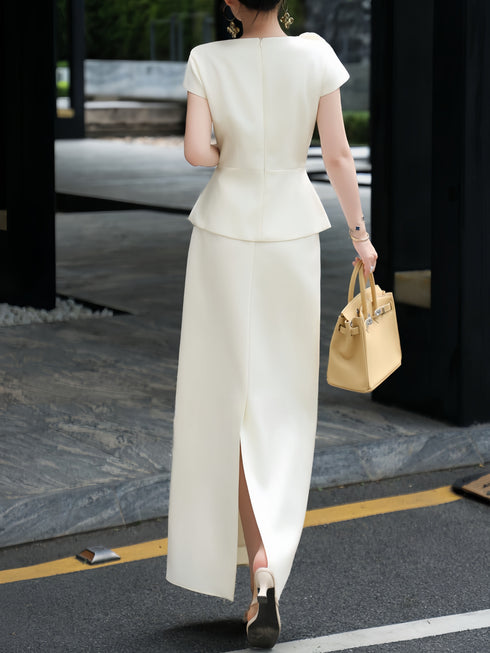 Luxury 3D Floral Waist-Cinched Jacket & Column Skirt Set – Elegant Structured Two‑Piece Dress Suit