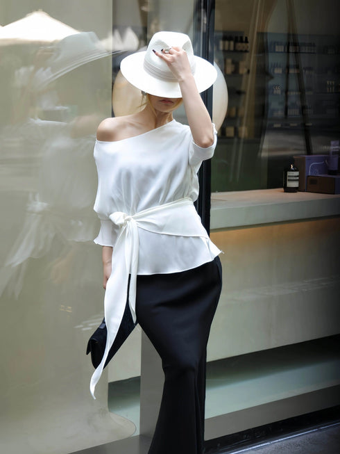 100% Mulberry Silk Asymmetric One-Shoulder Draped Top – Waist-Tie Elegant Long Sleeve Blouse