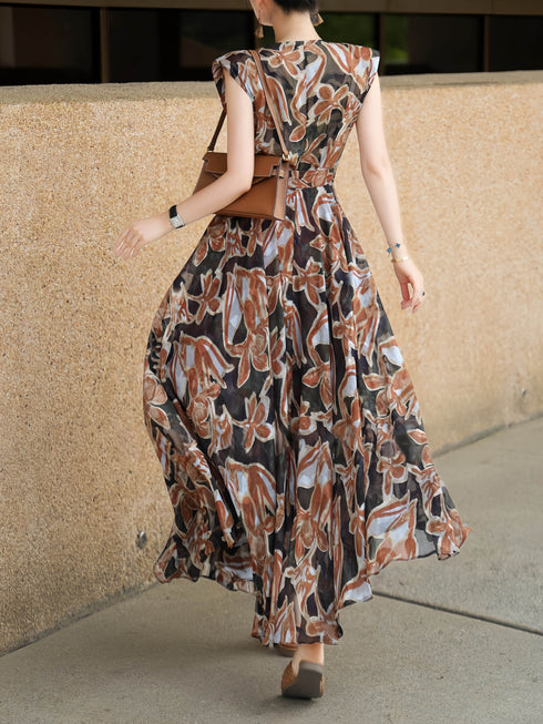 French Floral Wrap Maxi Dress – Elegant Summer Vacation Waist-Cinching Tea Dress
