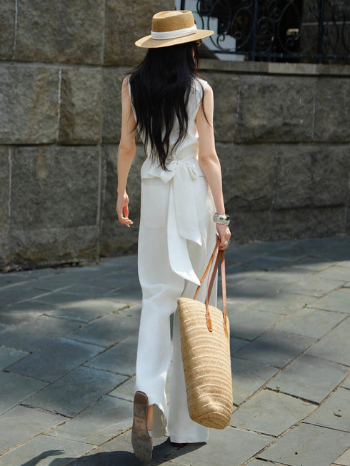 100% Linen V‑Neck Vest & Wide‑Leg Pants Set – Elegant Old‑Money Summer Tailored Suit