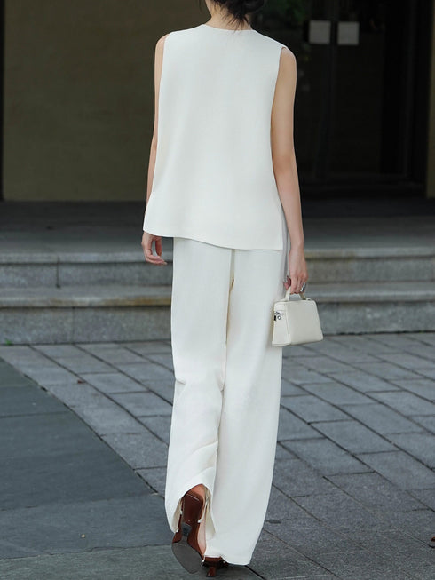 Textured V-Neck Sleeveless Top & Wide-Leg Pants Set – Minimalist Summer Two‑Piece Outfit