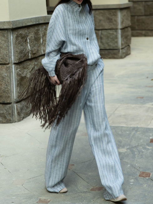 Striped Linen-Cotton Relaxed Shirt & Wide-Leg Pants Set – Minimal Stand Collar Lounge Suit