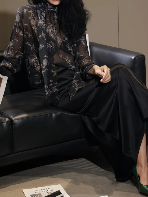 100% Mulberry Silk Sheer Floral Print Bow-Tie Blouse – Luxury Lightweight Silk Shirt for Women