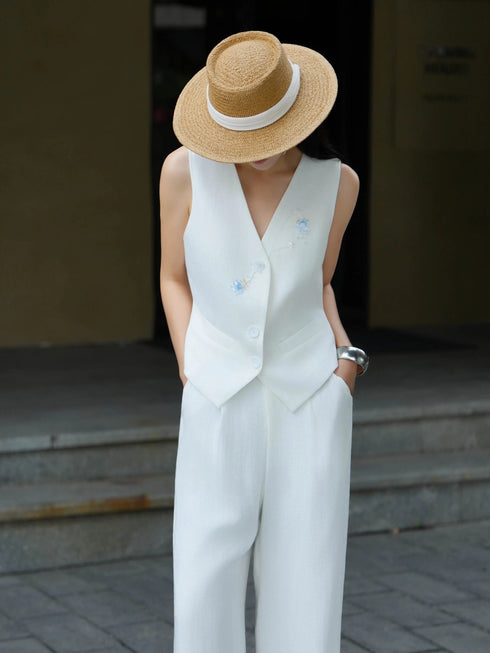 Elegant Waist‑Cinched Vest & Wide‑Leg Pants Set – Minimalist Tailored Summer Two‑Piece Suit