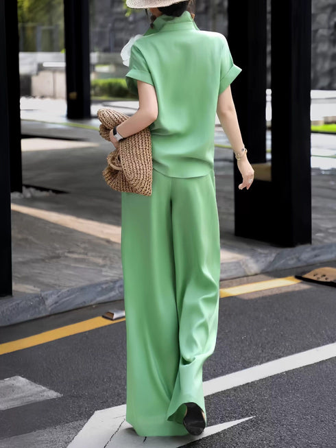 Luxury Linen Two-Piece Set – 3D Floral Appliqué Shirt & Wide-Leg Pants Resort Ensemble