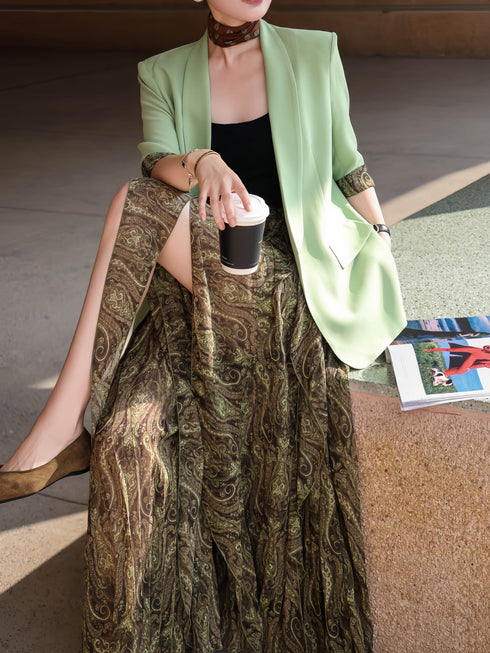 Elegant Sage Green Blazer & Paisley Print Maxi Skirt Two‑Piece Set – Women's Designer Workwear Suit