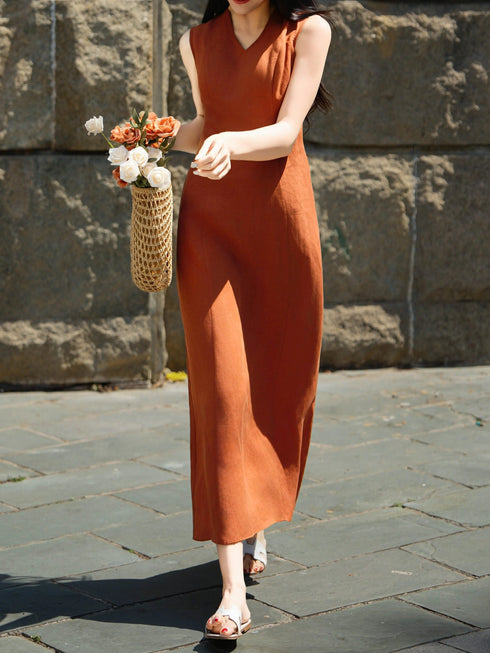 Old-Money Linen Sleeveless Maxi Dress – Relaxed V-Neck Minimalist Summer Dress